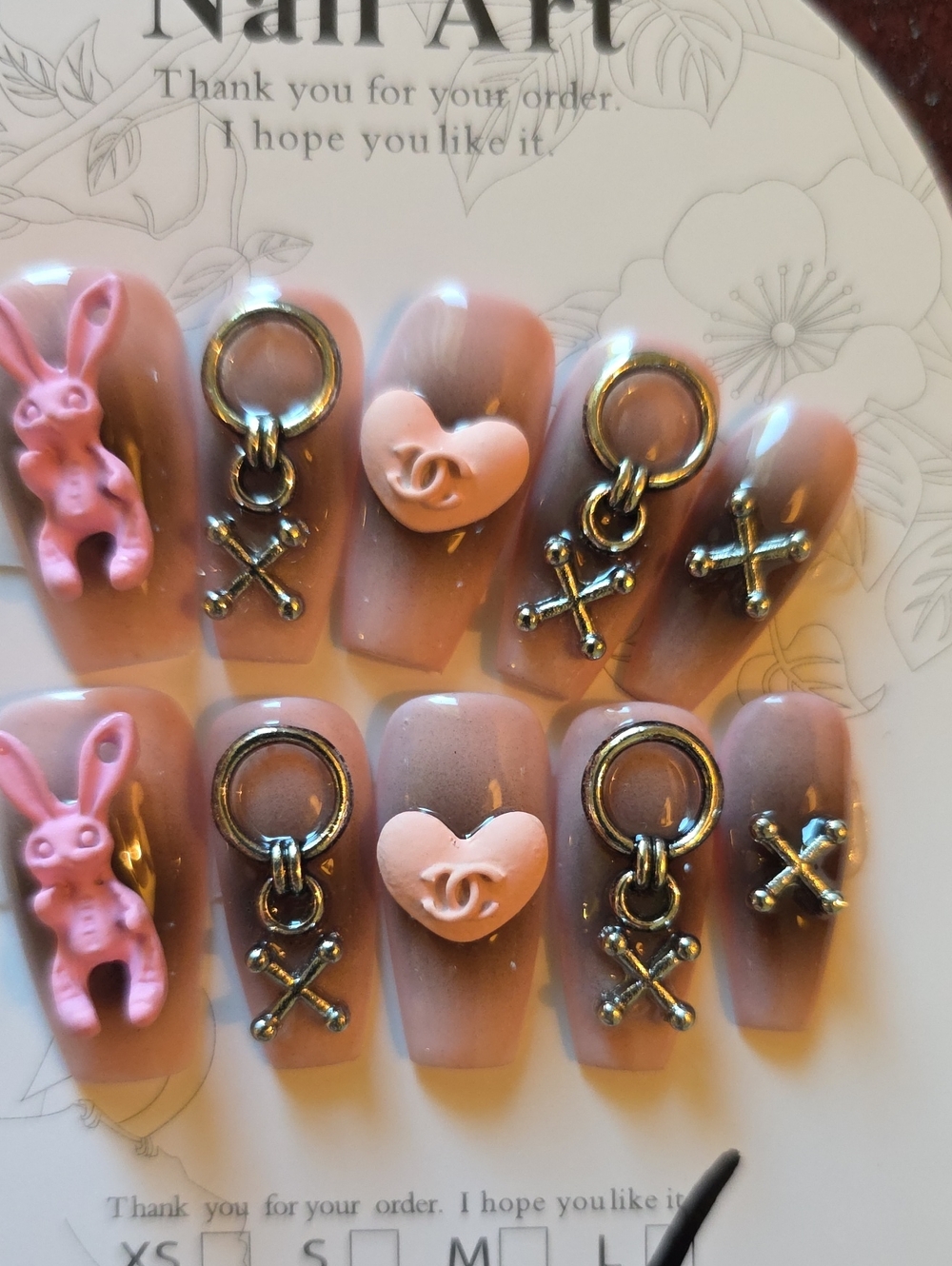 Pink Heart & Bunny Nail Art Set with Silver Accents Size Large